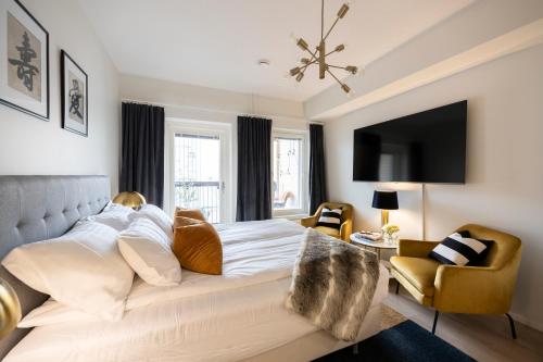 Μια τηλεόραση ή/και κέντρο ψυχαγωγίας στο Premium home in Pori center with sauna and balcony