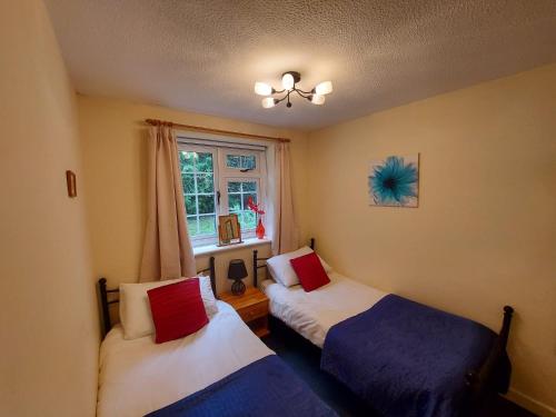 a bedroom with two beds and a window at Sue's Cottage. in Symonds Yat