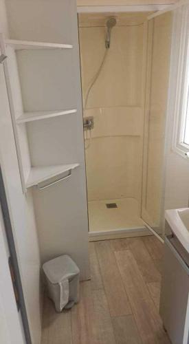 une petite salle de bain avec douche et toilettes dans l'établissement Mobil home 4/6 personnes Camping les dunes - les Conches, à Longeville-sur-Mer