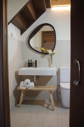 a bathroom with a sink and a mirror and a toilet at HOTEL RURAL SANTUI in Horcajuelo de la Sierra
