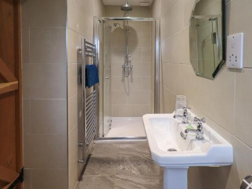 a bathroom with a sink and a shower at Speight Cottage in Sedbergh