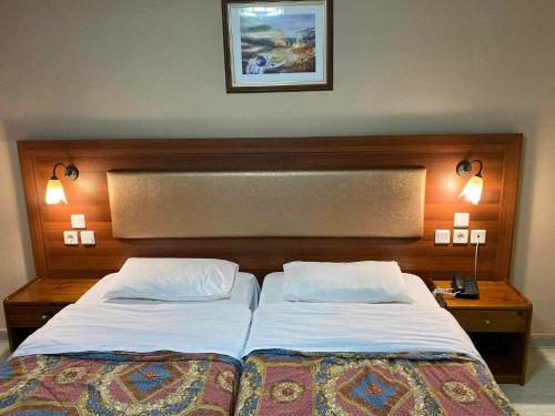 a bed with two white pillows and a wooden headboard at Hotel Kokkino Nero in Kókkinon Nerón