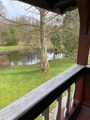 - une vue depuis la terrasse couverte d'une maison avec un arbre dans l'établissement BnB Schweizerhuset, à Ringsted