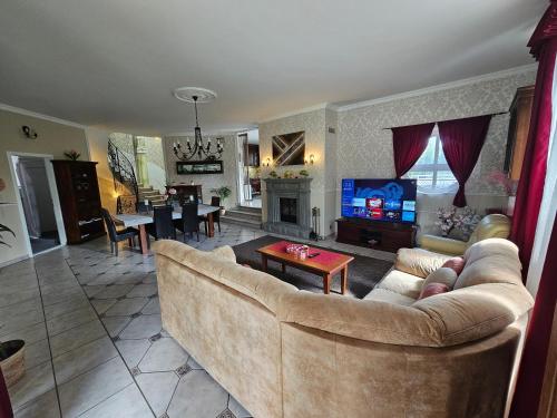 ein Wohnzimmer mit einem Sofa und einem TV in der Unterkunft Relax & Wellness Villa Diósd in Budapest
