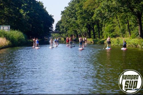 a group of people on paddle boards in the water at De Wilden Ezel in Mol