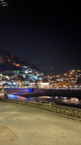 Blick auf die Stadt in der Nacht mit Lichtern in der Unterkunft Villa Endrit in Berat