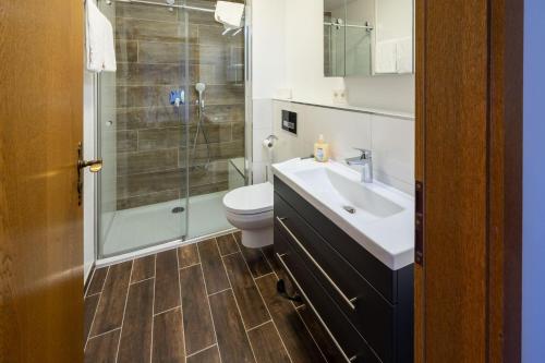 a bathroom with a toilet and a sink and a shower at Bauern-Ferienhaus-im-Allgaeu in Buchenberg