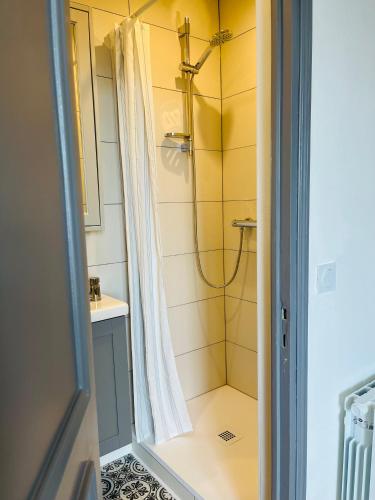 une salle de bain avec douche et lavabo dans l'établissement Appartement cosy bord de mer, à Port-en-Bessin-Huppain