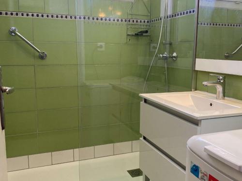 une salle de bain verte avec une douche et un lavabo dans l'établissement Spacieux T2 à Balaruc-les-Bains, cuisine séparée, climatisation, WiFi, proche Thermes - FR-1-553-51, à Balaruc-les-Bains
