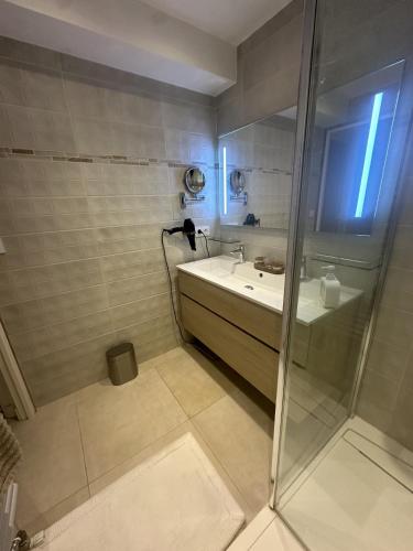 une salle de bain avec douche et lavabo dans l'établissement Bel appartement, sans mauvaises surprises, à Juan-les-Pins