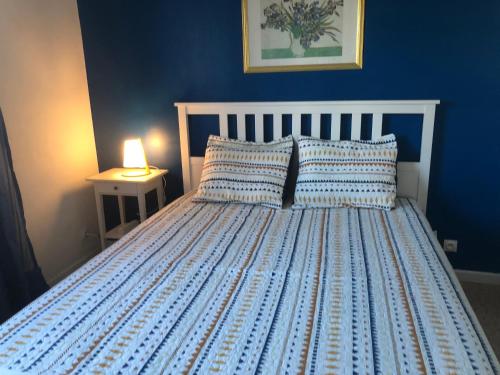 ein blaues Schlafzimmer mit einem Bett mit blauer Wand in der Unterkunft T2 relax in Six-Fours-les-Plages