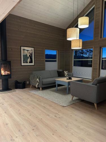 a living room with a couch and a fireplace at Nydelig hytte ved Voss Ski og Tursenter in Giljane