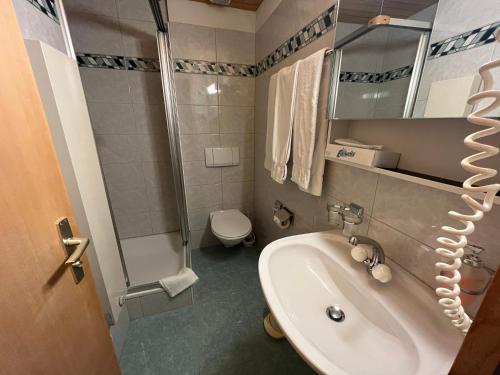 a bathroom with a sink and a shower and a toilet at B&B Cad'Stampa, Casaccia in Casaccia