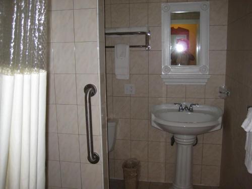 uma casa de banho com um lavatório, um espelho e um chuveiro em Stardust Motel em North Stonington