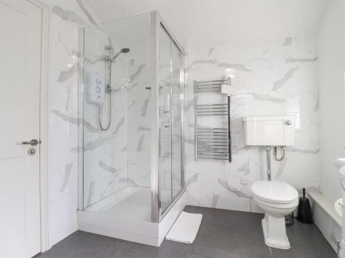 a white bathroom with a shower and a toilet at The Tack Room in Lydney