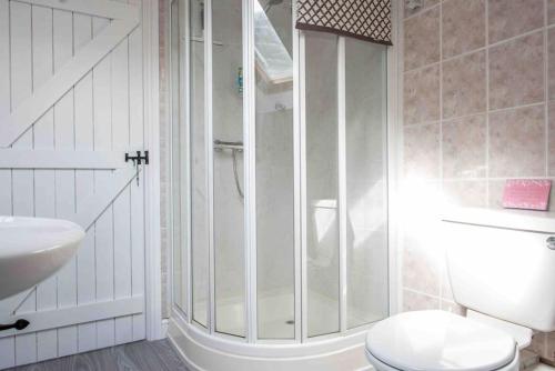 a bathroom with a shower and a toilet and a sink at A cosy hideaway on the Jurassic Coast in Lyme Regis