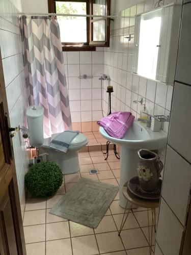 a bathroom with a sink and a toilet at Aspasia's Villa in Prinos