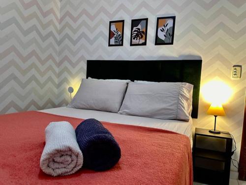 1 dormitorio con 1 cama con manta roja y cuadros en la pared en Praia/Bonito/Ar cond/garagem, en Vitória