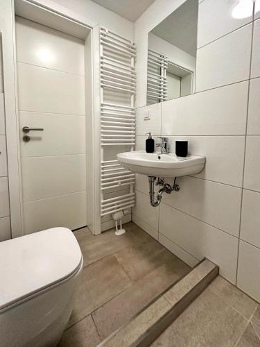 a bathroom with a toilet and a sink and a mirror at E&K Apartment II in Düsseldorf