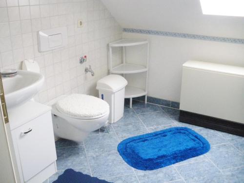 ein Badezimmer mit einem WC und einem blauen Teppich in der Unterkunft Ferienwohnung Teutschenthal OT Langenbogen in Teutschenthal