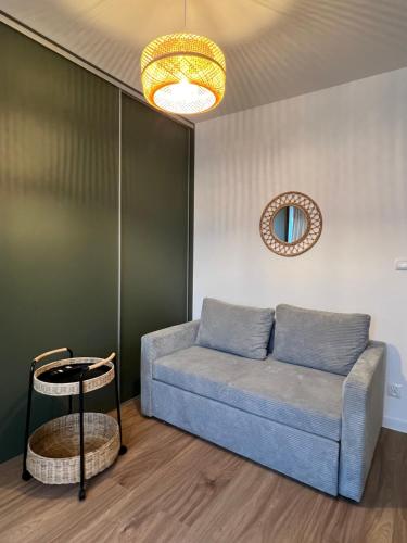 uma sala de estar com um sofá e um espelho em I&M Apartments Stawowa Wrocław em Breslávia