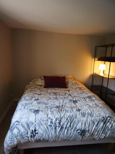 um quarto com uma cama com um edredão azul e branco em Joli cocon - Dijon centre ville em Dijon