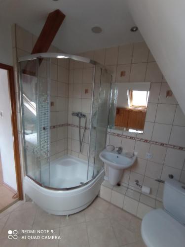 een badkamer met een douche, een toilet en een wastafel bij Wanda in Świnoujście