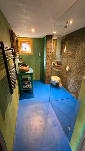 uma casa de banho com uma cabina de duche em vidro e um WC. em Balistyle guesthouse near Schiphol (and Amsterdam) em Vijfhuizen