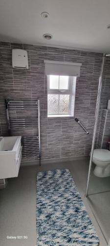 a bathroom with a toilet and a sink and a window at Eden Escape in Ashford