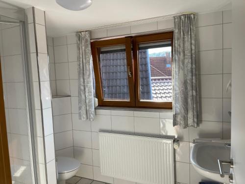 La salle de bains est pourvue d'un lavabo et d'une fenêtre. dans l'établissement Hotel Gästehaus Sonne, à Sinsheim