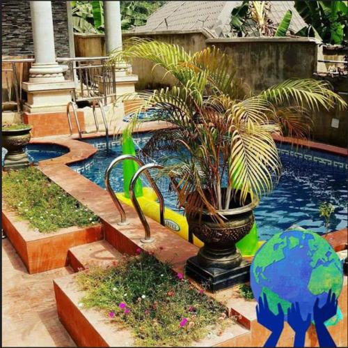 Amobia的住宿－Vincent Anene Estate, Nri，一座房子旁边一座带盆栽植物的游泳池