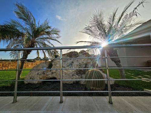 une personne debout à côté d'une clôture avec des palmiers dans l'établissement Cava Del Sol, à Augusta