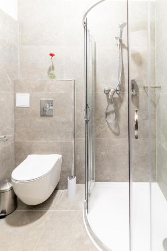 a bathroom with a toilet and a shower at Penzion Fiesta in Prostějov