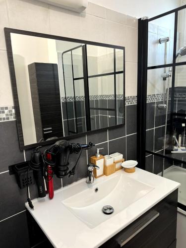 une salle de bain avec un lavabo et un grand miroir dans l'établissement Chambre privée ds Appartement Design et Confort refait à neuf PROCHE de PARIS, la DEFENSE et VERSAILLES, à Rueil-Malmaison