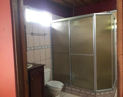 a bathroom with a shower with a toilet and a sink at Jardín del descanso Arenal in San Ramón