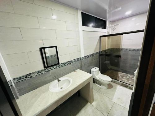 ein Bad mit einem Waschbecken und einem WC in der Unterkunft TARPON LODGE PARISMINA in Jaloba
