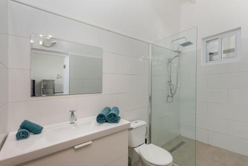 uma casa de banho com um WC, um lavatório e um chuveiro em Casita Palma em Kralendijk