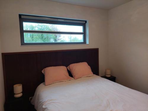 1 dormitorio con 1 cama con 2 almohadas y ventana en Vakantiewoning Nieuwdonk, en Berlare