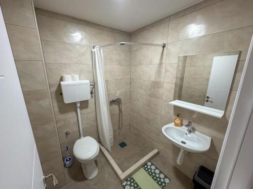 uma casa de banho com um chuveiro, um WC e um lavatório. em Bubble rooms em Majur