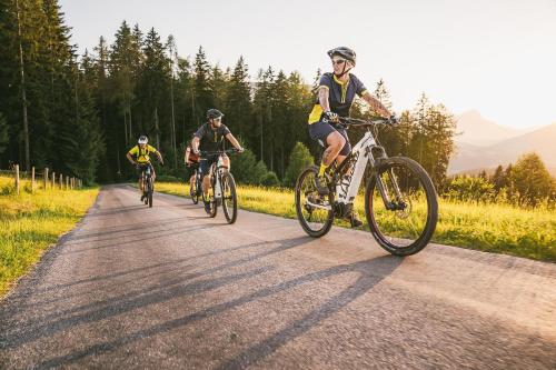 un grupo de personas montando bicicletas por un camino en TRIFORÊT alpinresort en Hinterstoder