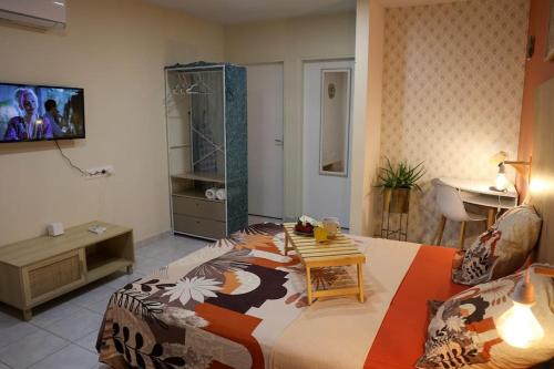 a bedroom with a bed and a bathroom with a sink at Grand studio Bis à Matoury in Matoury
