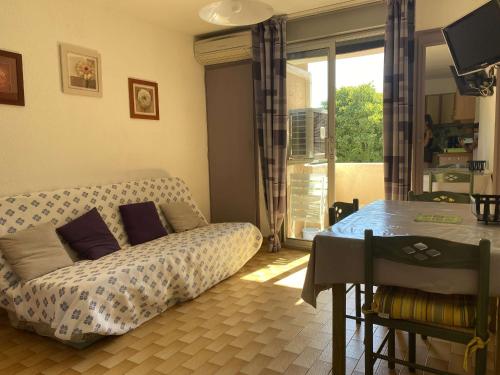 un salon avec un canapé et une table dans l'établissement Charmant T2 avec clim et wifi, proche du port à Balaruc-les-Bains - FR-1-553-200, à Balaruc-les-Bains