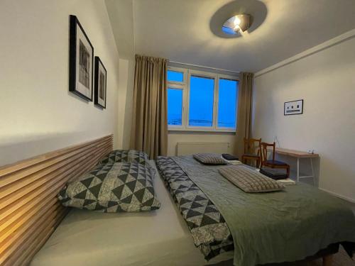a bedroom with two beds and a window at Old Town Apartment Black in Bratislava
