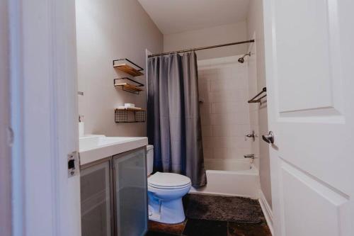 a bathroom with a toilet and a sink and a shower at Modern 1BR-1BA Walk to SSM SLU Hospital Grand in Tower Grove