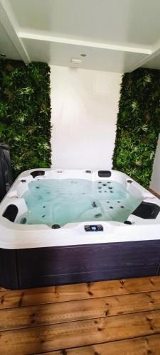 un bain à remous dans une pièce avec des plantes vertes dans l'établissement The Moulin Brochat Loft with jacuzzi area, à Saint-Jean-de-Vaux