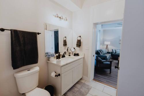 a bathroom with a toilet and a sink with a mirror at Luxe 2BR Oasis Patio & Laundry Soulard in Soulard