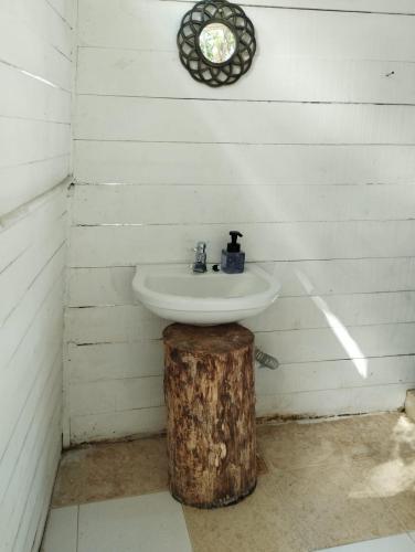 a bathroom with a sink and a tree stump with a tree stump at Glamping Eco Azulejo in Arbeláez