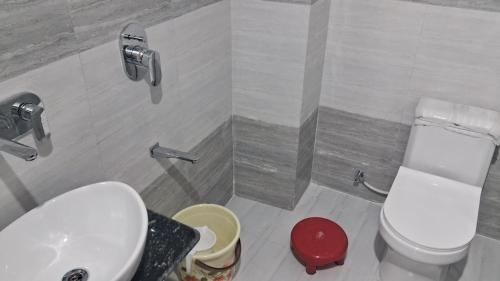 a bathroom with a white toilet and a sink at Laxman Guest House varanasi in Varanasi