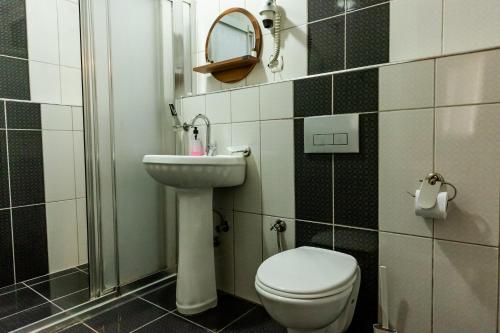 een badkamer met een toilet, een wastafel en een spiegel bij ALEX VİLLAGE LİFE in Kartepe