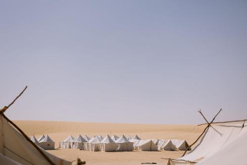a group of tents in the middle of the desert at Tzila Camp in Fayoum Center